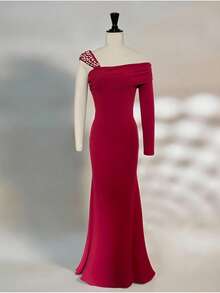 Coutiva Women's Asymmetric Neck Long Sleeve Mermaid Hem Fitted Elegant Luxurious Heavily Embellished Burgundy Wine Red One Shoulder Formal Evening Gown Dress - Burgundy - View 7