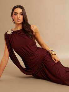 Silquee Burgundy Elegant Summer Dining Dress,Metallic-Embellished A-Line Stretch Knit Pleated Maxi,Draped Sleeve Flowing Gown For Party Bridesmaid Valentine - Coffee - View 7