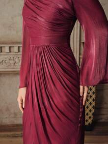 Anewsta Women's Long Pleated Bodycon Dress, Round Neck, Flared Long Sleeve, Glossy Wine Red, Elegant & Versatile For Party & Evening Wear - Burgundy - View 5