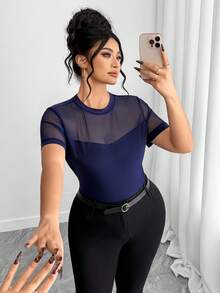 Elenzga Plus Size Women Solid Color Mesh Patchwork Round Neck Short Sleeve Fitted T-Shirt - Navy Blue - View 7