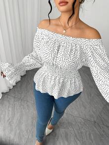 Elenzga Plus-Size Women's Spring/Summer Casual Dress For Picnics And Gatherings. Classic Black-And-White Polka-Dot Print. Cute, Fresh, And Elegant Style With A French-Inspired Sweet Design. One-Shouldered Neckline, Cable-Knit Waistband For A Loose, Comfortable Fit. Ruffled Hem And Waist-Constricting Design. Perfect With Doll-Like Blouses Or Shirts. - Black and White - View 8