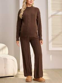 SHEIN 孕妇毛衣套装，宽松版型，扭绳花卉图案，长袖套头毛衣和毛衣裤，秋冬季 - 棕色 - 查看 3