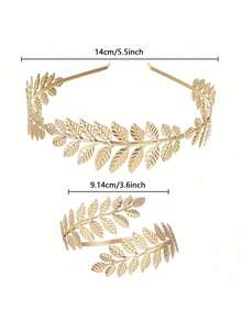 1set Greek Goddess Headband & Armband, Bridal Jewelry Set, Adjustable Roman Laurel Leaf Crown Armlet & Bracelet - Gold - View 4