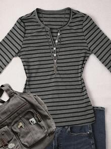 Glimmora 女式休闲纽扣半襟条纹长袖T恤