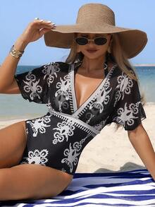 Swim Lushoire 女士黑白复古波西米亚风网纱收腹连体泳衣 - 彩色 - 查看 5