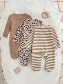 Cozy Pixies 3件套新生女宝宝豹纹条纹针织柔软圆领长袖连体衣套装，竹纤维拉链款，3件装婴儿服装，猎豹纹婴儿服，中性婴儿服，男女通用 - 彩色 - 查看 2