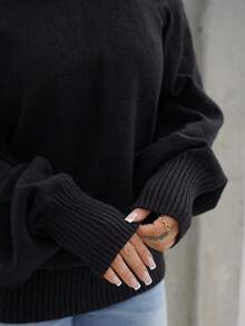 SAYEHFBABY كنزة صوفية واسعة غير متماثلة الأكتاف ذات أكمام منتفخة فضفاضة مرتخية محبوكة بالضلوع، أنيقة ودافئة وجذابة ومناسبة للخروجات الليلية والعطلات، مناسبة للخريف والشتاء والكريسماس - الأسود - مشاهدة 3