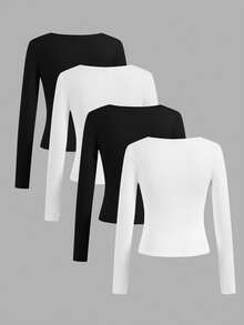 SHEIN Essnce 4pcs/Set Casual Solid Color Crew Neck Long Sleeve T-Shirts For Women, Suitable For Autumn/Winter - Multicolor - View 2