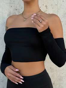 Bearsaez Solid Off Shoulder Crop Off Shoulder Top ,Petite Women - Black - View 6