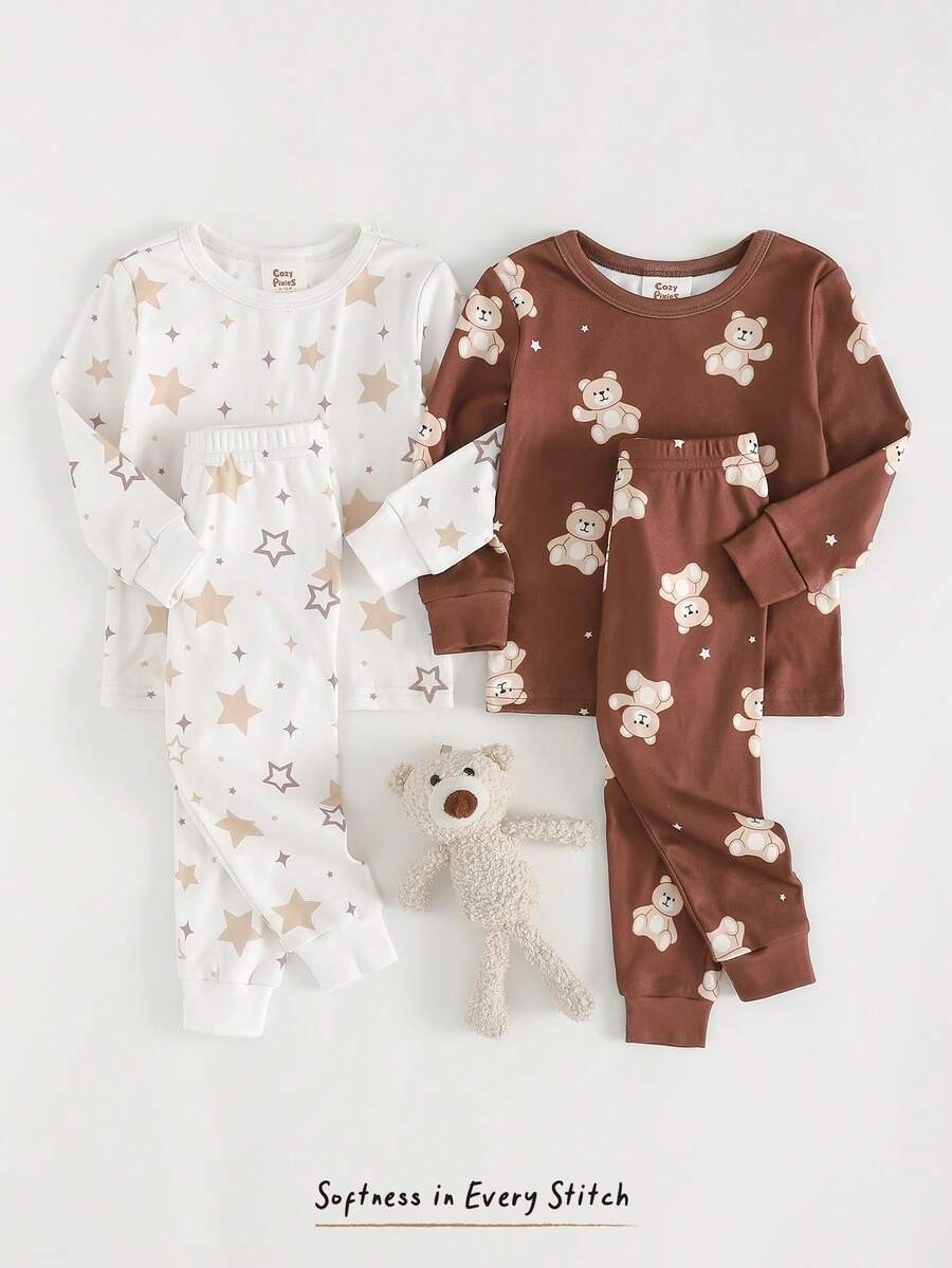 Cozy Pixies 4件套女婴卡通动物印花针织柔软圆领长袖上衣和松紧腰长裤贴身睡衣套装 - 咖啡棕 - 查看 1