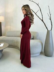 Jemour New Slim Fit Thermal Stand Collar Long Sleeve Cinched Waist Extra Long Versatile Dress, Autumn/Winter - Burgundy - View 4