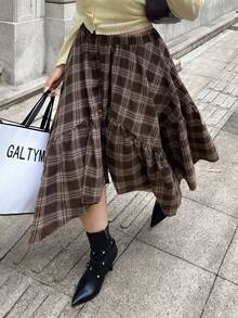 SHEIN EZwear Chân váy kẻ caro cổ điển, viền bất đối xứng, cỡ lớn, mùa thu - Nhiều màu - Xem 1
