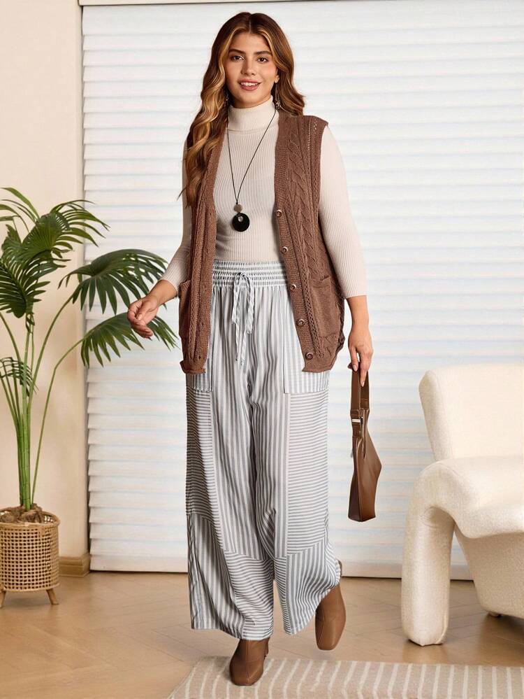 플러스 사이즈 여성 드로스트링 허리 포켓 와이드 레그 루즈 캐주얼 스트라이프 바지 여성용 겨울 여성용 포근한 가을과 겨울 여성용 컨트리 스타일 여성용 컨트리 콘서트 여성용 겨울 여성용 컨트리 스타일 여성용