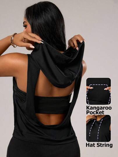 Rhythm Era 女式黑色无袖露背运动连帽衫，配有抽绳兜帽和袋鼠口袋，轻便运动衫