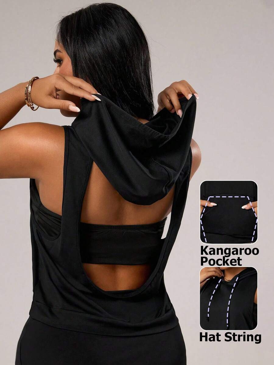 Rhythm Era 女式黑色无袖露背运动连帽衫，配有抽绳兜帽和袋鼠口袋，轻便运动衫