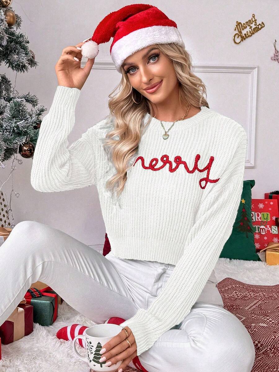 EMERY ROSE Women's Crew Neck Drop Shoulder Long Sleeve Letter Knit Sweater - White - View 1