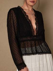 Freevana Áo cánh tay dài thêu ren đen thanh lịch lãng mạn cỡ lớn dành cho nữ - màu đen - Xem 4