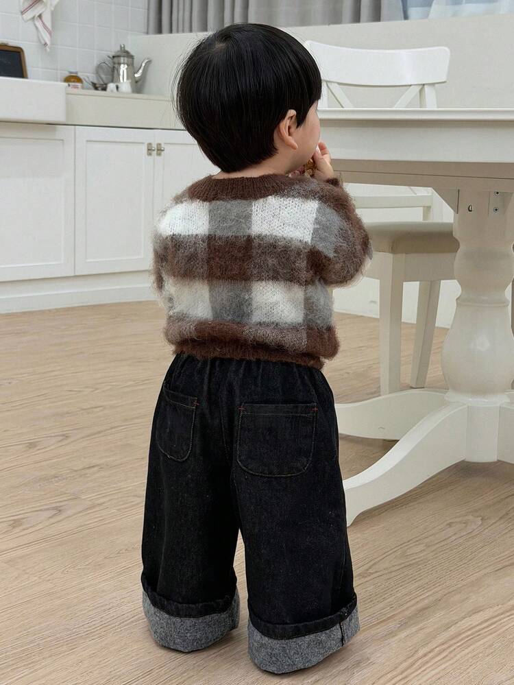 Toddler Boys' Plaid Crew Neck Knit Long Sleeve Sweater, Autumn/Winter