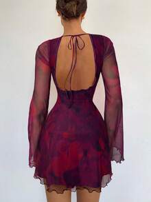 Siren Gaze 女士优雅印花露背喇叭袖迷你连衣裙，秋季 - 酒紅色 - 查看 1