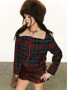 Rina Fox Áo khoác cardigan cổ lông cừu kẻ sọc Giáng sinh thường ngày dành cho nữ, mùa thu/đông - Đỏ - Xem 7