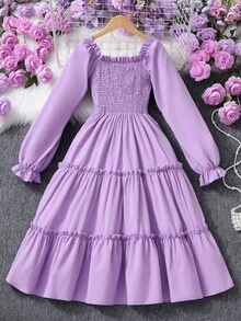 SHEIN Tween Girl Solid Color Square Neck Puff Sleeve Shirred Waist Ruffled Hem French Sweet Midi Dress - Purple - View 3