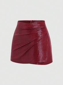 Sweetra Elegant French Design Asymmetrical Hem Textured Fabric Red Valentine's Day Party Series Women Skirt, Autumn/Winter - Burgundy - View 2