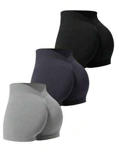 Set de 3 pantalones cortos deportivos de unicolor, sin costuras, con cintura en V