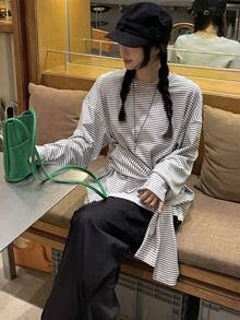 DAZY Women's Casual Striped Round Neck Long Sleeve T-Shirt, Spring/Autumn - Grey - View 2