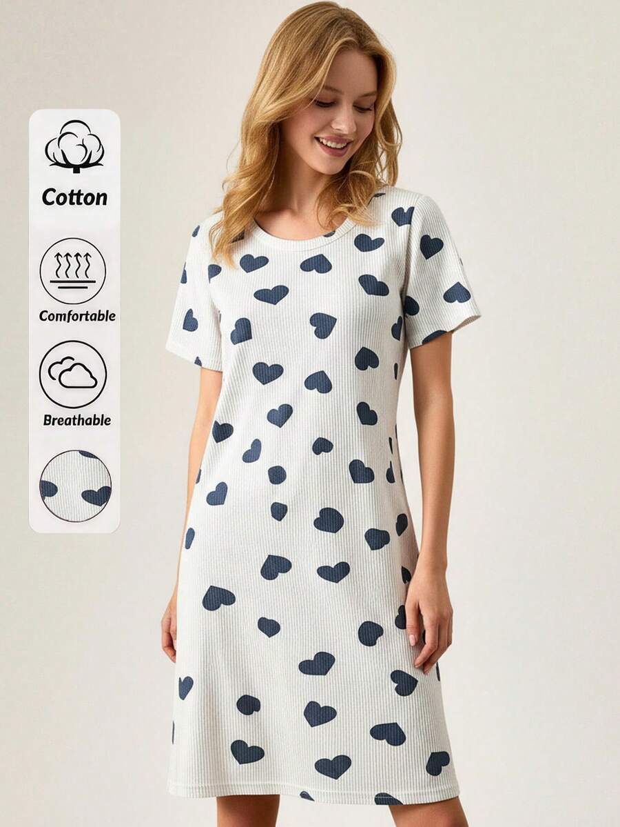 Loomlin Women Striped With Contrast Colour Heart Pattern Short Sleeve Homewear Sleep Dreess - Multicolor - View 1