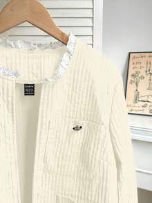Franclia Vintage Lace Embroidered Bowknot Patchwork Round Neck Casual Jacket, Suitable For Autumn/Winter - Apricot - View 3
