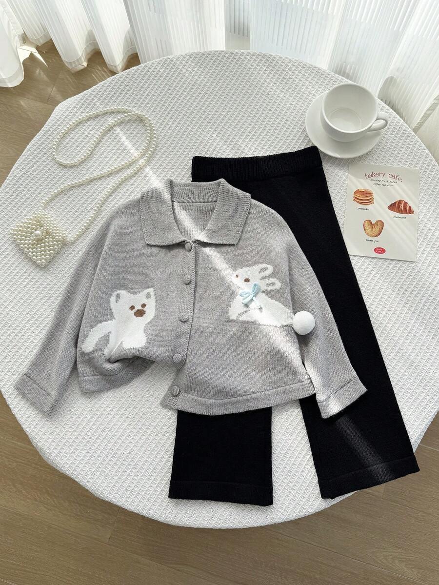 两件套:少女可爱粉色兔子小狗提花针织毛衣(带蝴蝶结装饰开衫)和黑色直筒针织裤 - 灰色 - 查看 1