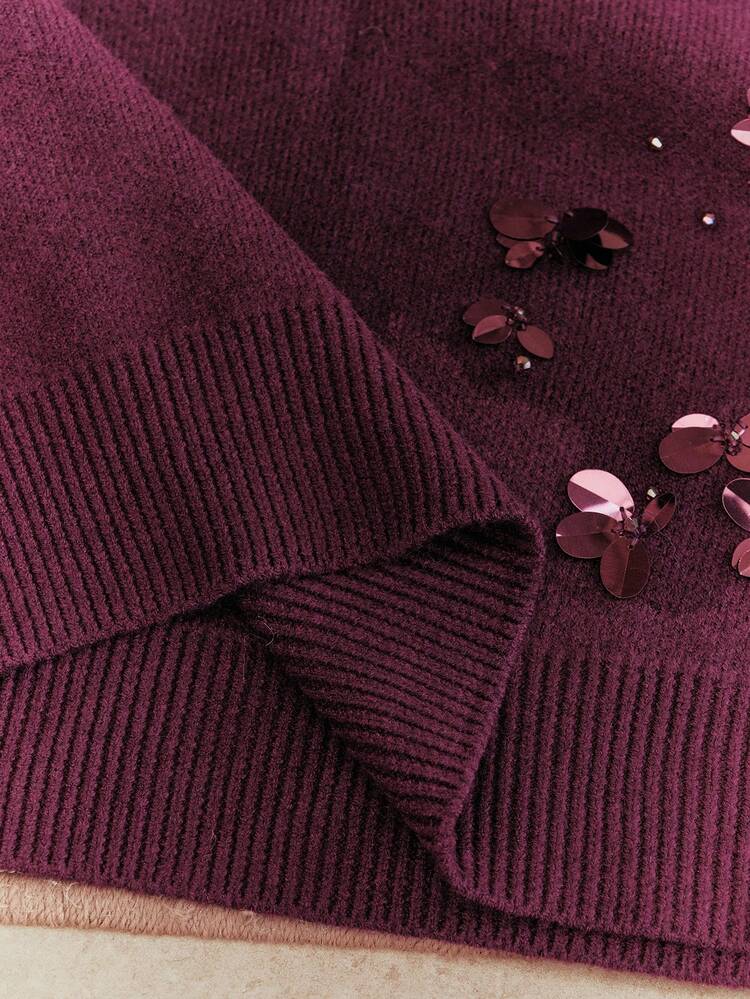 Women's Crew Neck Handcrafted Beaded & Sequin Embellished Elegant Pullover Sweater, Fashionable & Versatile For Work And Casual Wear, Purple