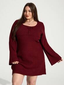 Enliva Plus Size Women's Woolen Dress,Flared Long Sleeve Mini,Burgundy,Autumn,Elegant,Everyday Fall/Winter Valentine's Day Gift Romance New Year Outfit 2026 - Burgundy - View 3