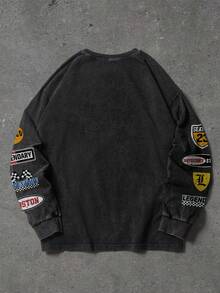 Manfinity EMRG 男士休闲复古时尚圆领长袖T恤 - 黑色 - 查看 2