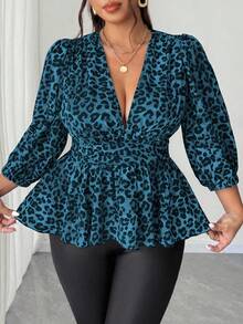 Elenzga Women's Elegant Leopard Print Blue V-Neck Fitted A-Line Three-Quarter Sleeve Plus Size Shirt, Suitable For Everyday Wear, Parties, New Year's, Christmas, Holidays, And Valentine's Day. - Blue - View 5