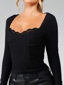 MISSGUIDED Lace Trim Long Sleeve Square Neck Textured Crop Top With Fitted Silhouette And Bust Detail For Fall Winter Casual Layering - Black - View 5
