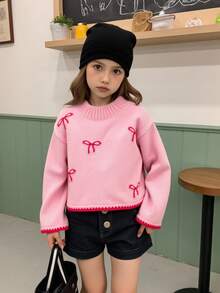 Tween Girl Sweater,Casual Cute Pink Autumn Knitted Short Sweater With Bow Pattern,Soft Comfortable For Wedding Ninang,Daily,Christmas,Back-To-School - Pink - View 7