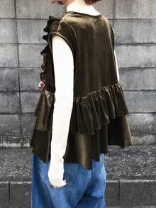 FRIFUL 女士丝绒吊带背心，多层荷叶边装饰，前襟系蝴蝶结 - 深灰色 - 查看 3