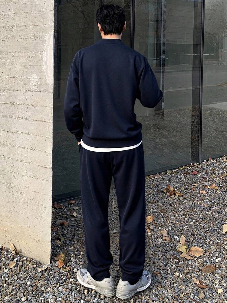 Navy Blue & White Patchwork 2 In 1 Men's T-Shirt Set, Autumn