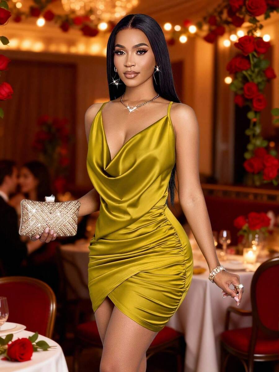 SOLERSUN 优雅纯色垂领露背褶饰缎面派对紧身短裙 - 芥末黃 - 查看 1