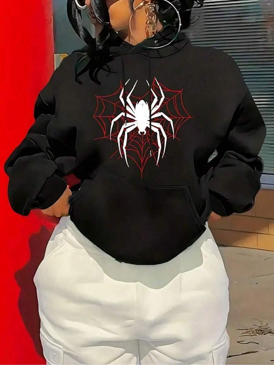 Sudadera con capucha (nueva versión de otoño/invierno), abrigo holgado y versátil con estampado de arañas, ideal para vacaciones y viajes - Negro - Ver 1