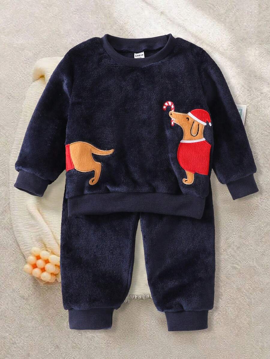 2pcs Baby Boy Christmas Fleece Red Hat Dog Print Cute Navy Blue Long Sleeve Top And Pants Pajama Set Warm In Winter Kids Best Gift - Royal Blue - View 1