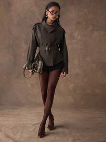 SHEIN BAE Women's Stand Collar Short Design Sense Windbreaker, High-End Feeling Double-Breasted Ladies Trench Coat,Fall,Fall Clothes For Women - Coffee Brown - View 6