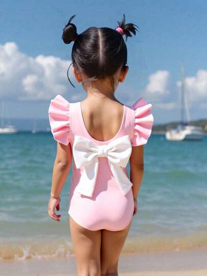 Emery Rose Kids Emery Rose Kids Young Girls' Pink Flutter Sleeve Bow Tie One-Piece Swimsuit, Matching Sister Set