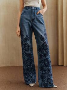 Anewsta Fashionable Embroidered Blue Denim Straight Leg Pants - Blue - View 6