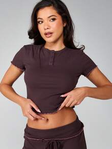 MISSGUIDED Ribbed Button Front Crop Top And Wide Leg Palazzo Pants Pajama Co Ord Set With Lettuce Edge Trim - Coffee Brown - View 4