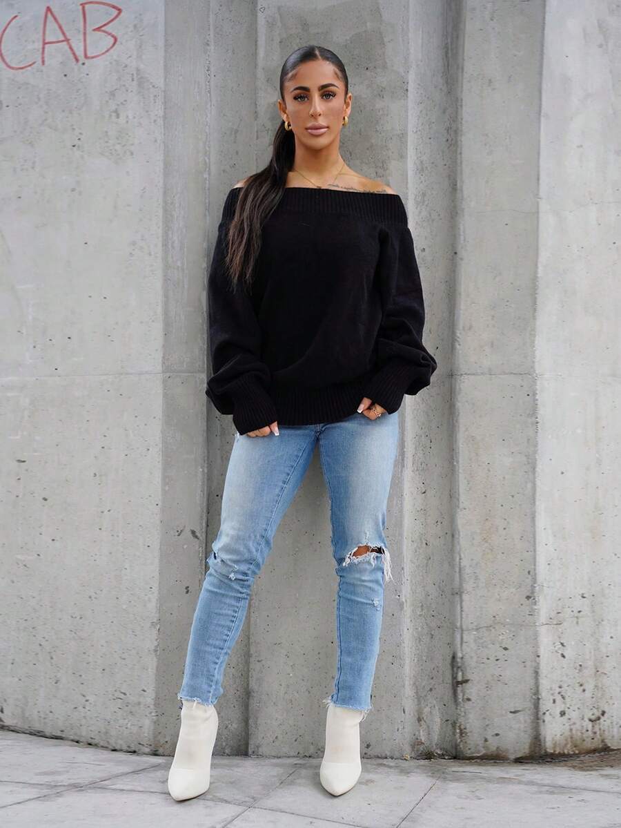 SAYEHFBABY كنزة صوفية واسعة غير متماثلة الأكتاف ذات أكمام منتفخة فضفاضة مرتخية محبوكة بالضلوع، أنيقة ودافئة وجذابة ومناسبة للخروجات الليلية والعطلات، مناسبة للخريف والشتاء والكريسماس - الأسود - مشاهدة 1