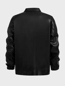 EASEVO 加大码男士休闲时尚街头风PU皮革拼接口袋拉链夹克，秋季款 - 黑色 - 查看 9