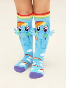My Little Pony X SHEIN 2 Pairs Cotton 3D Wings Soft & Breathable Moisture-Wicking Kids Stockings Purple&Blue Cute Cartoon Calf Socks Reinforced Toe & Heel For Cosplay Princess Summer Winter,Twilight Sparkle&Rainbow Dash,Unicorn,Gift Ideas