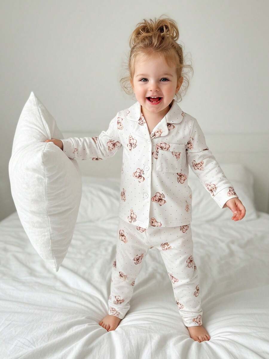 2pcs/Set Baby Girls Casual Cute Bear All-Over Print Long Sleeve Top And Pants Pajama Set Toddler Sleep Wear Toddler Zip Up Pajamas Baby Pj Set - Multicolor - View 1